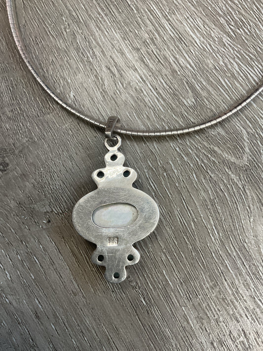 925 Sterling Necklace 16" omega with white shell and blue gems