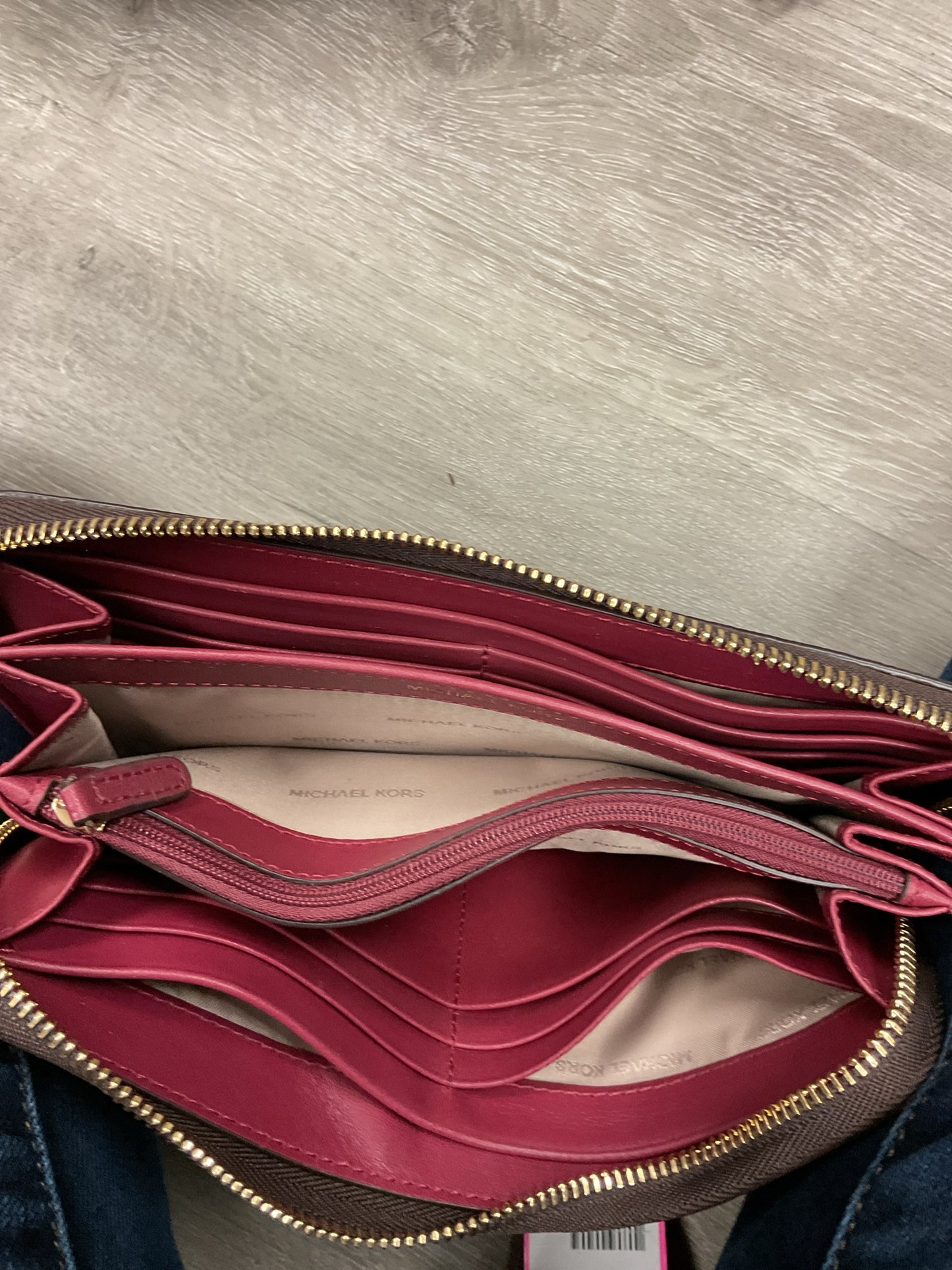 Michael Kors Purse camera bag and matching walet burgundy trim & brown MK