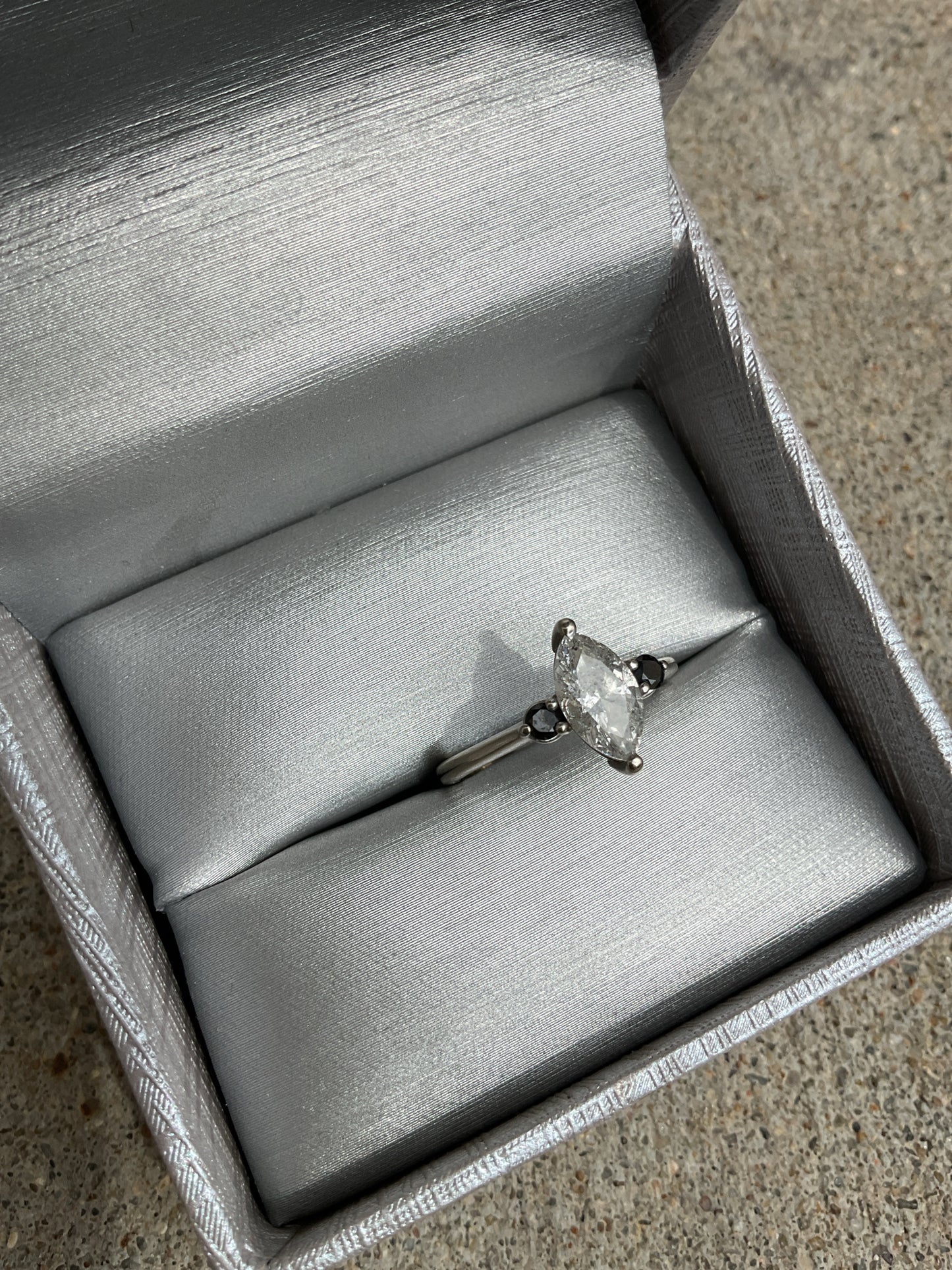 14K Ring white gold marquis 1ct large diamond solitaire with companion black gem