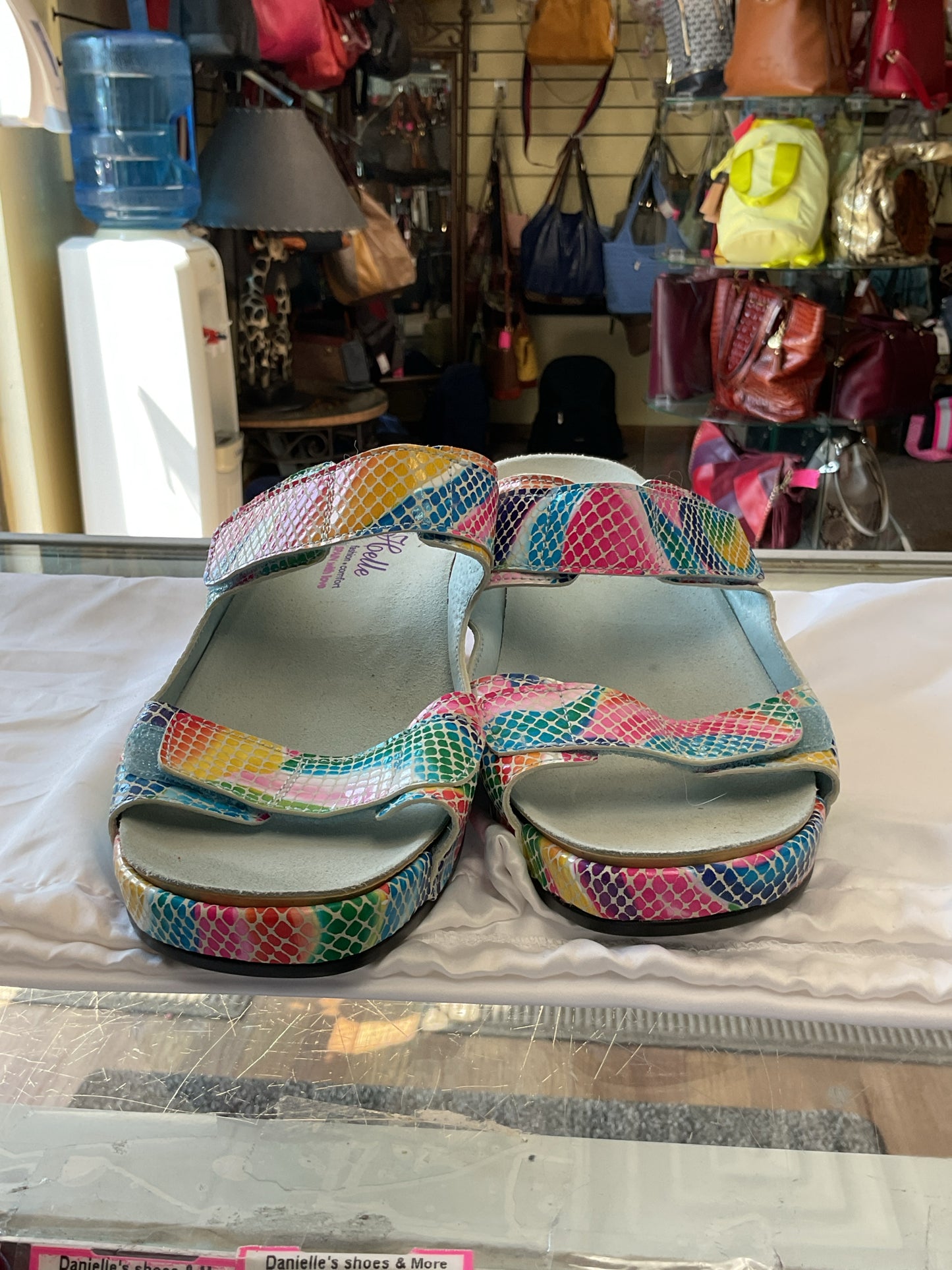 Helle Sandals Spain colorful reptile print NEW slide weedge