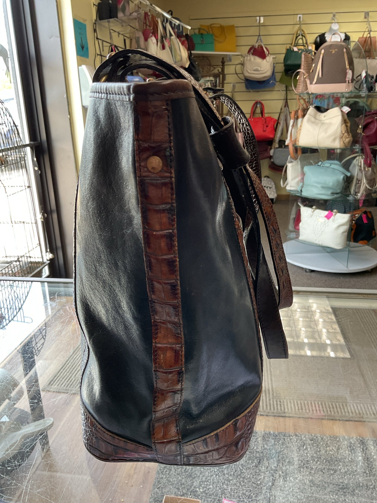 Brahmin Purse Vintage tote shoulder bag with brown croco trim & black leather