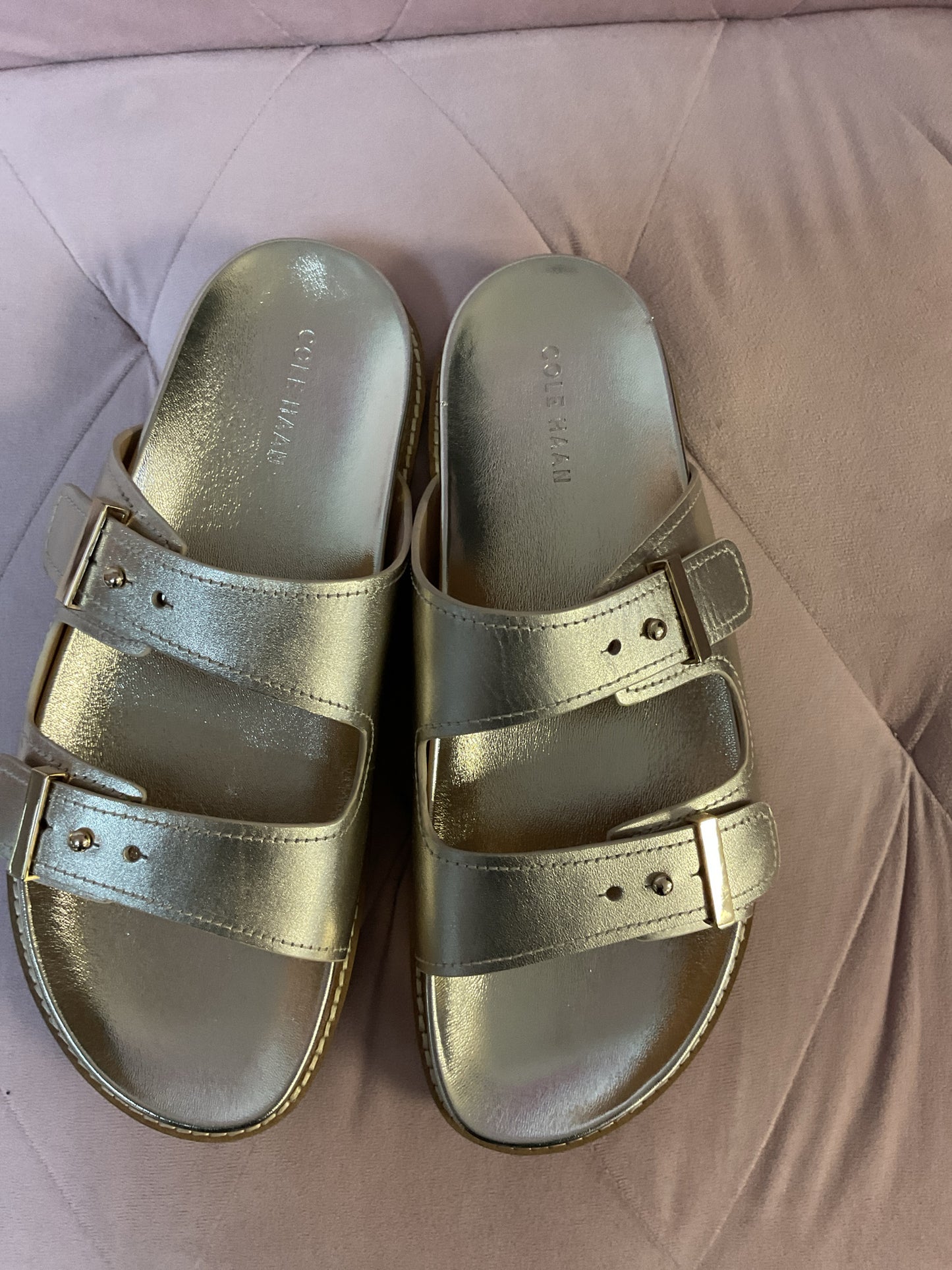 Cole Haan 9 Gold Sandals leather slides flat NWOB