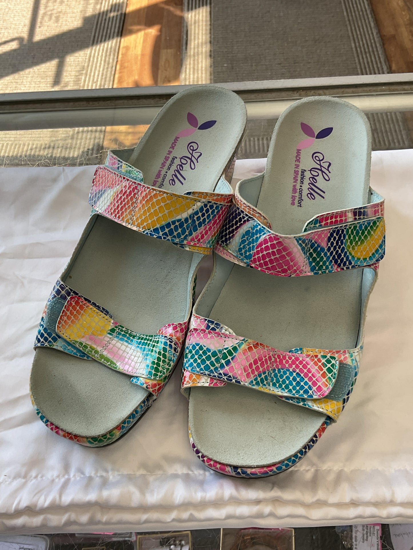 Helle Sandals Spain colorful reptile print NEW slide weedge