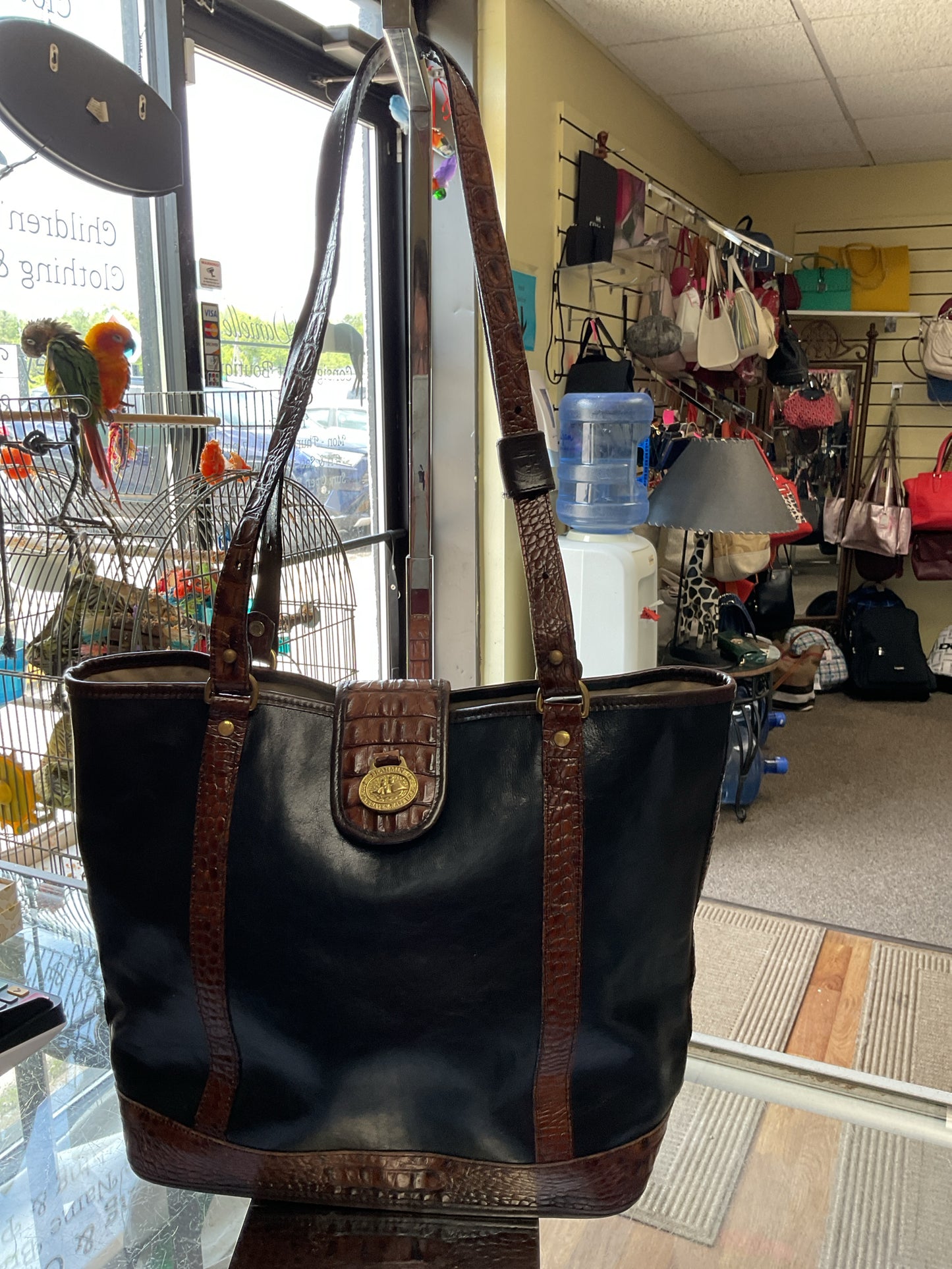 Brahmin Purse Vintage tote shoulder bag with brown croco trim & black leather
