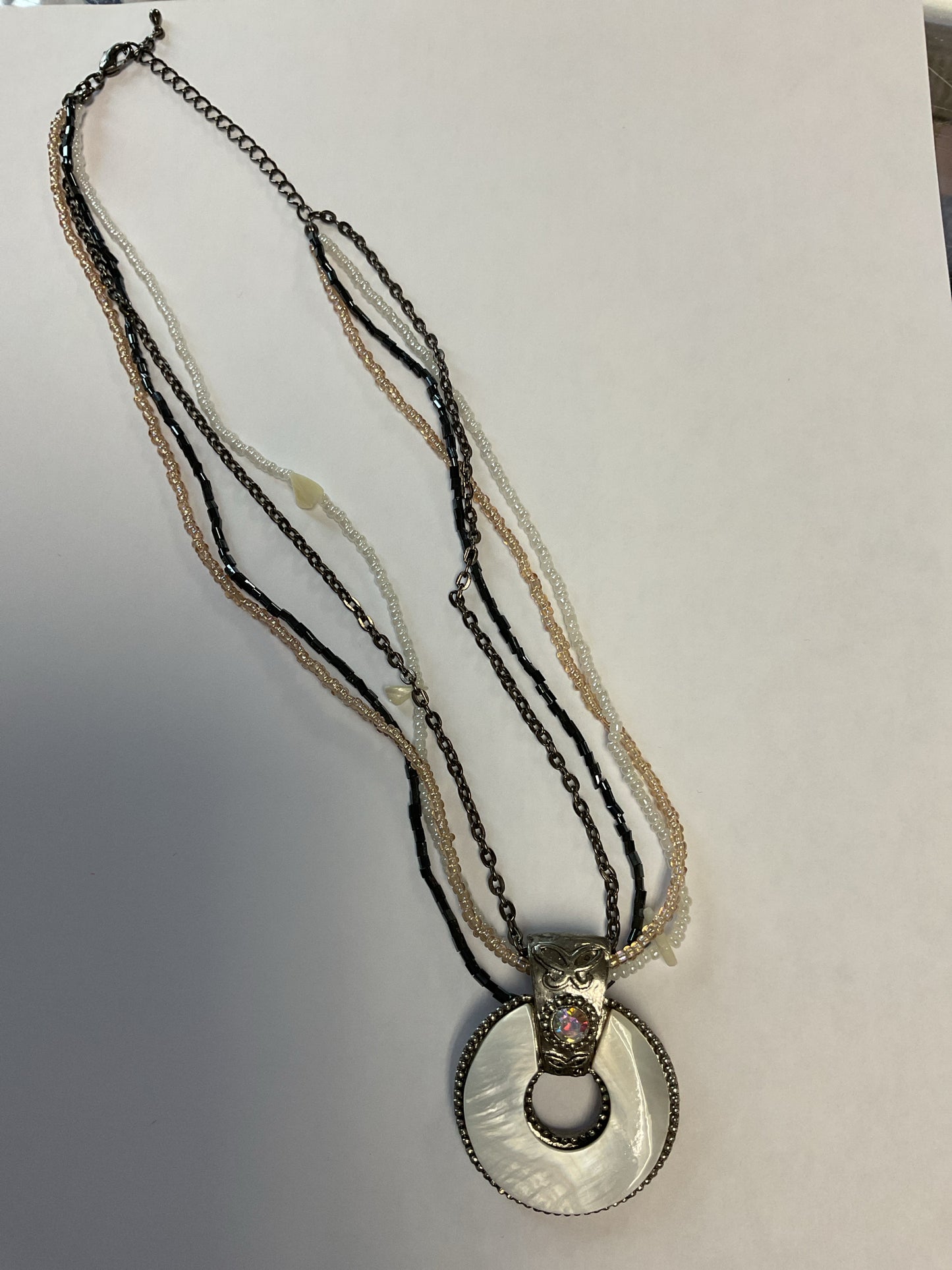 Necklace seed beads multi strand with mother of pearl pendant