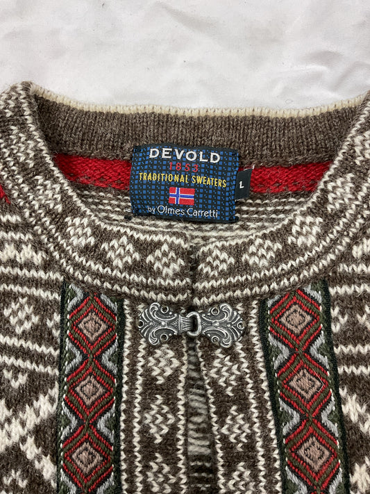 Devold Size L Brown Cardigan Norweigan sweater pure new wool Men's