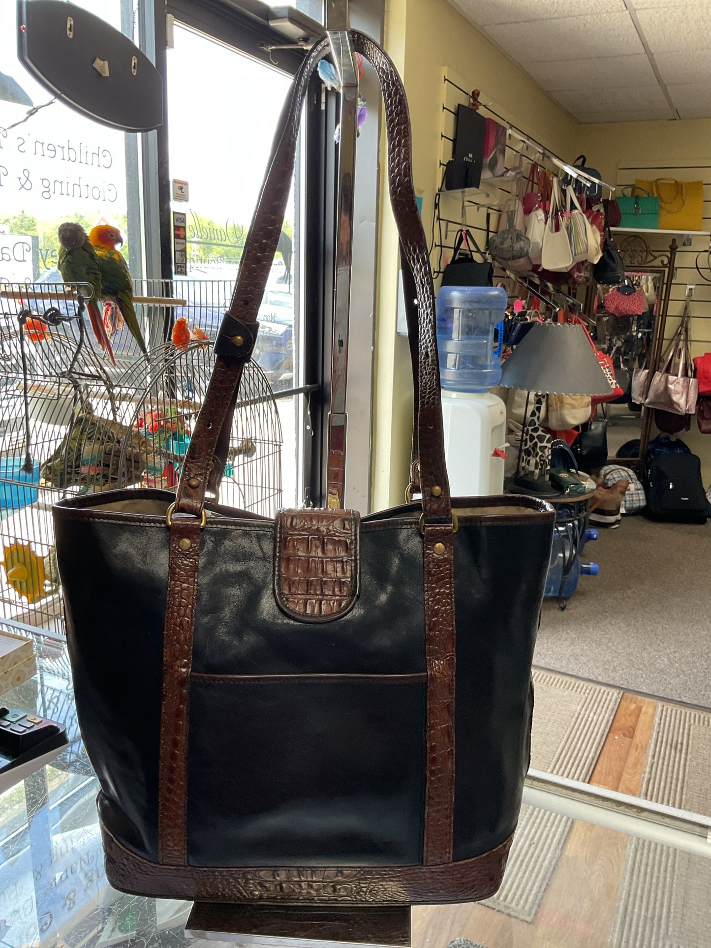 Brahmin Purse Vintage tote shoulder bag with brown croco trim & black leather