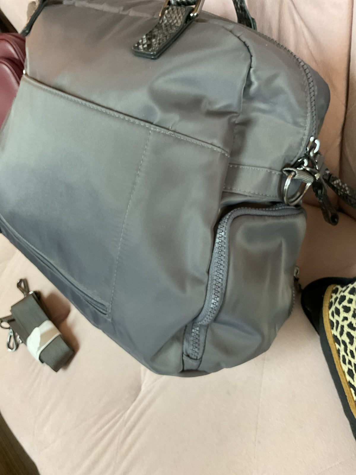Baggallini Purse large duffel outside pockets python trim with long strap