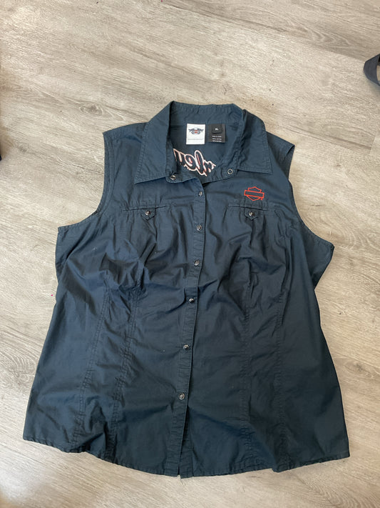 Harley Davidson Size XL Black Shirt snap front sleeveless orange wings