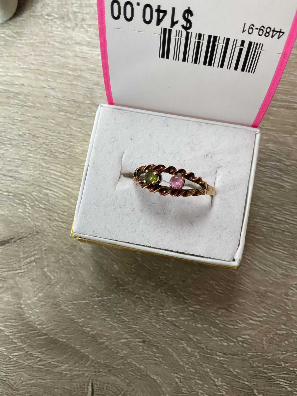 10K Ring rose gold pink and green gems size 9
