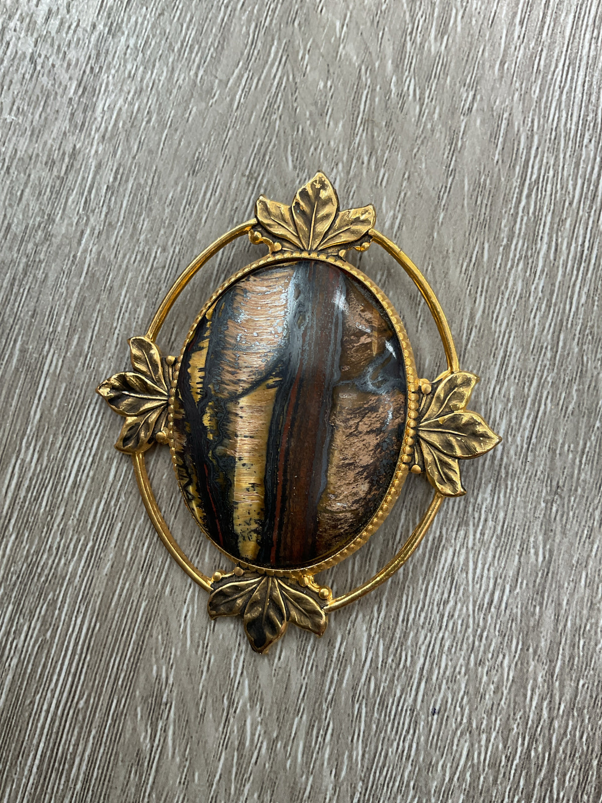 Vintage Brooch large oval gold with tree tiger eye