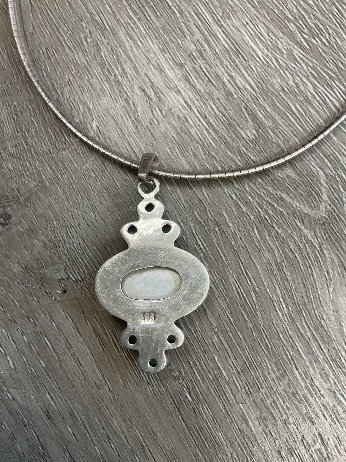 925 Sterling Necklace 16" omega with white shell and blue gems