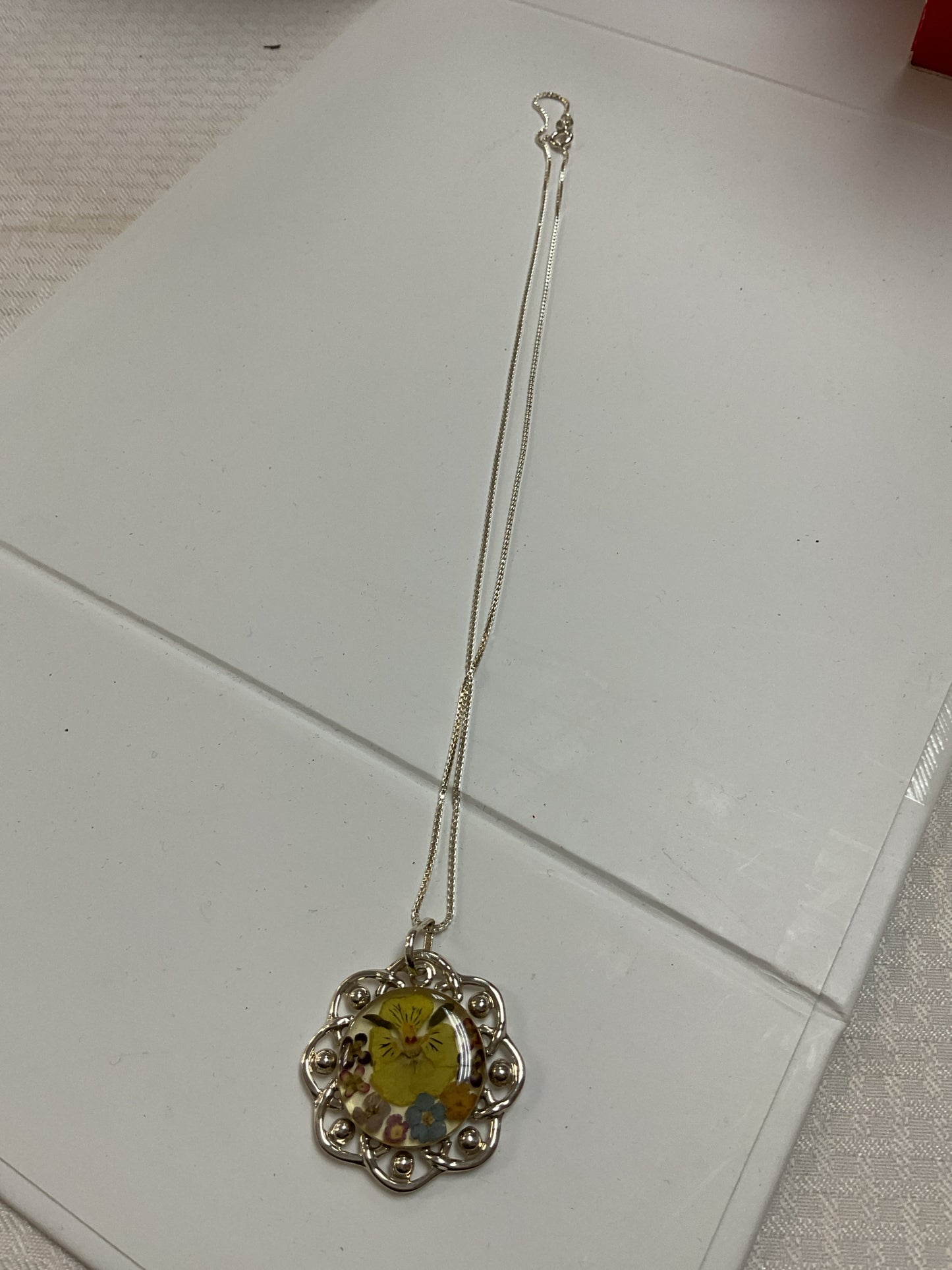 925 Sterling Necklace compressed flower pendant 18" chain