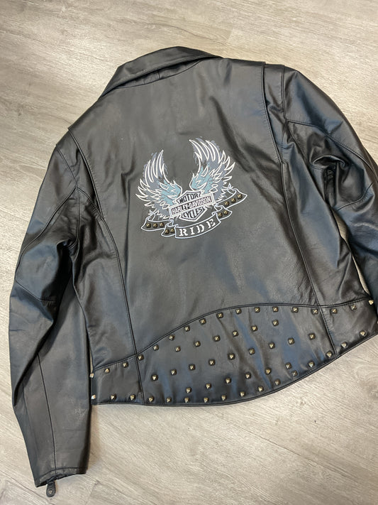 Harley Davidson Size L Black jacket Like New studded Ladies gray wings