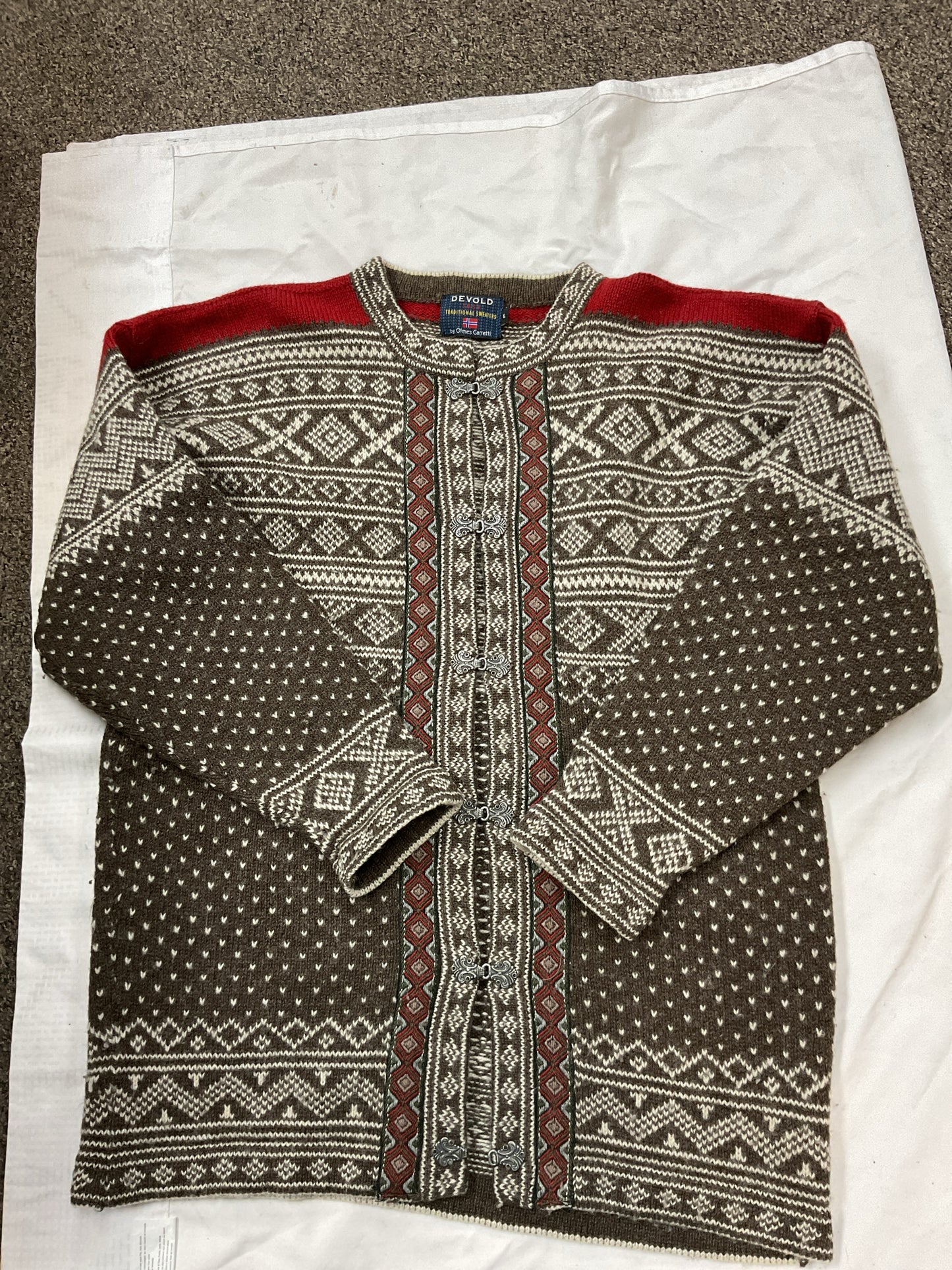 Devold Size L Brown Cardigan Norweigan sweater pure new wool Men's