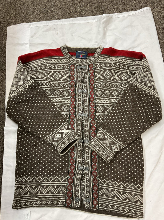 Devold Size L Brown Cardigan Norweigan sweater pure new wool Men's
