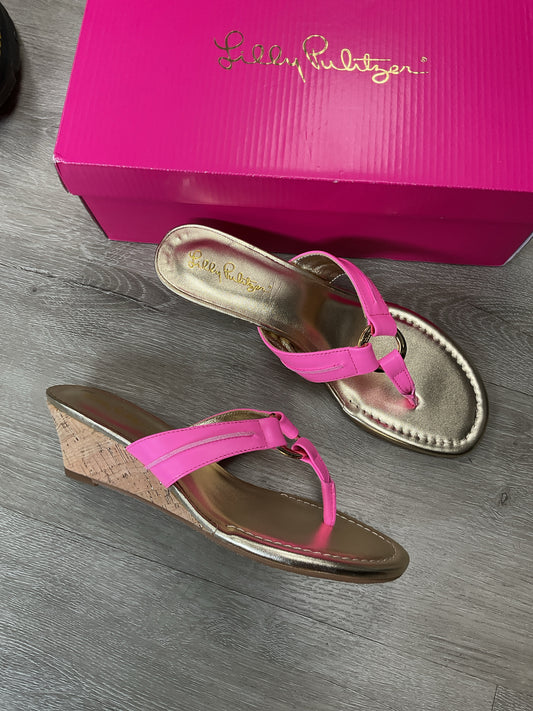 Lilly Pulitzer 8 Hot Pink Sandals wedge thong New in box Leather