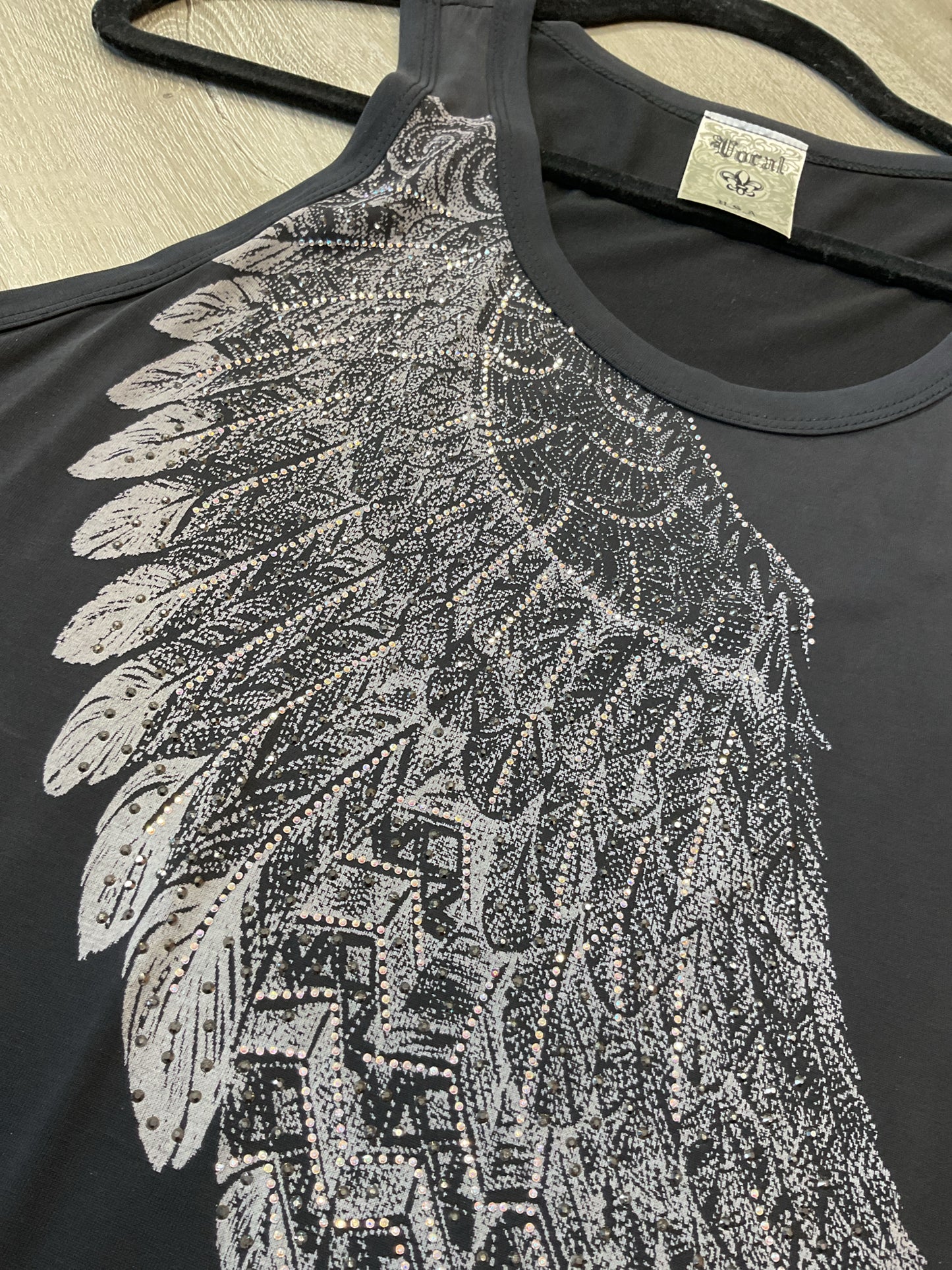 Vocal Size XL Gray Shirt bling rhinestone feather tank top
