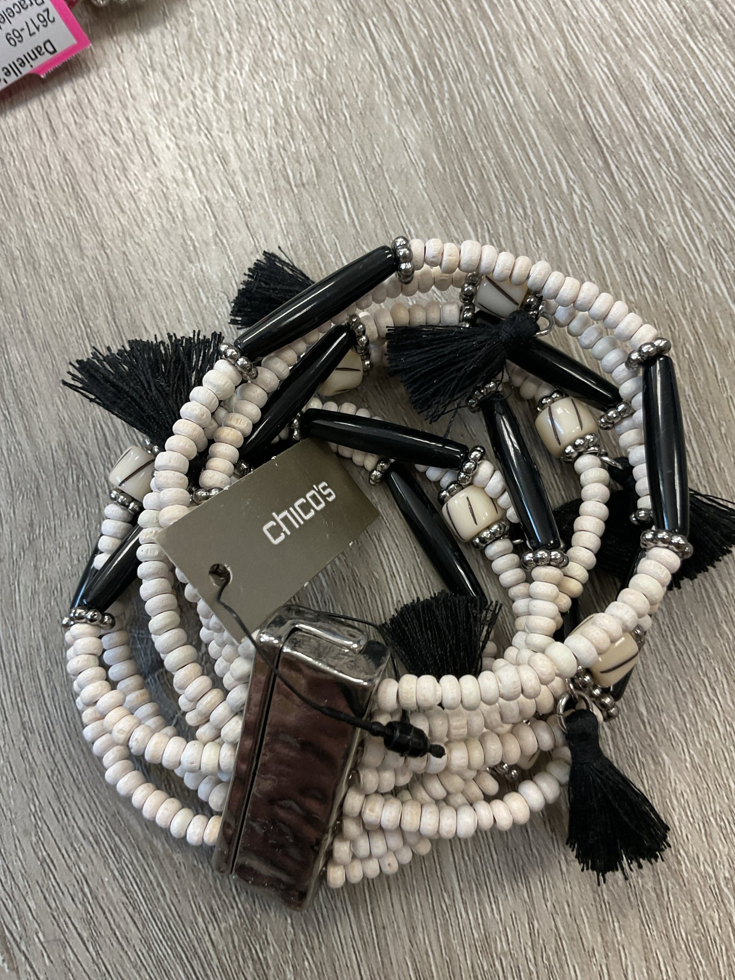 Chico's Bracelet white bead & black tassels cuff