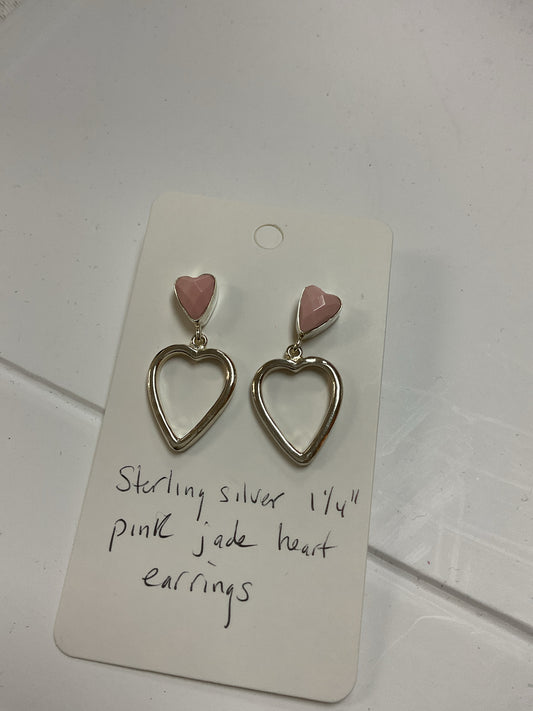 925 Sterling Earrings pink jade hearts 1.25"
