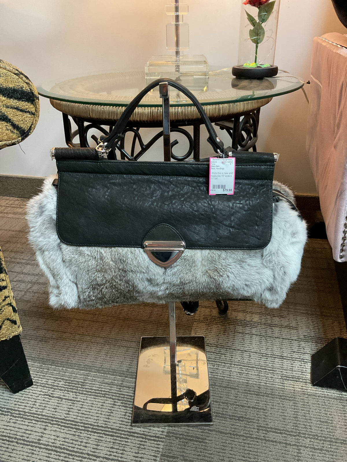 Diane Gale Purse Rabbit Fur Large flap leather satchel with crossbody strap NWOT