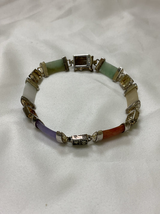 925 sterling  Bracelet 7" Chinese Jade multicolor stones