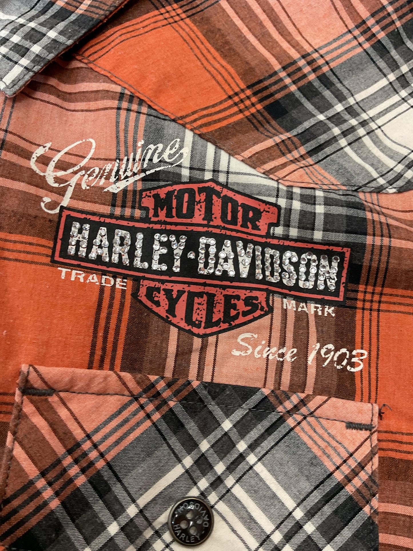 Harley Davidson Size 1W Orange Shirt plaid rhinestone snap front