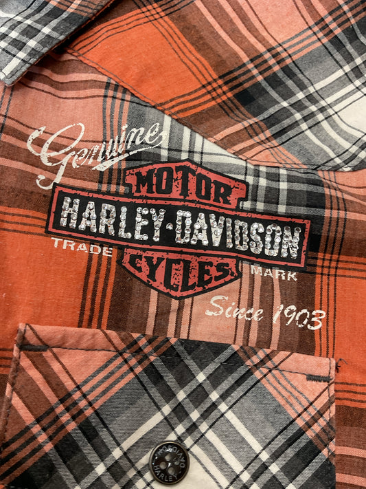 Harley Davidson Size 1W Orange Shirt plaid rhinestone snap front