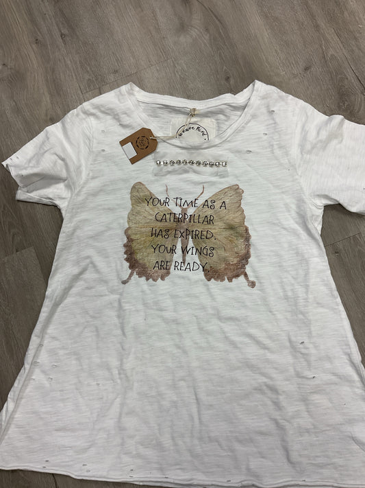 A Rare Bird Size S White Shirt destressed caterpillar