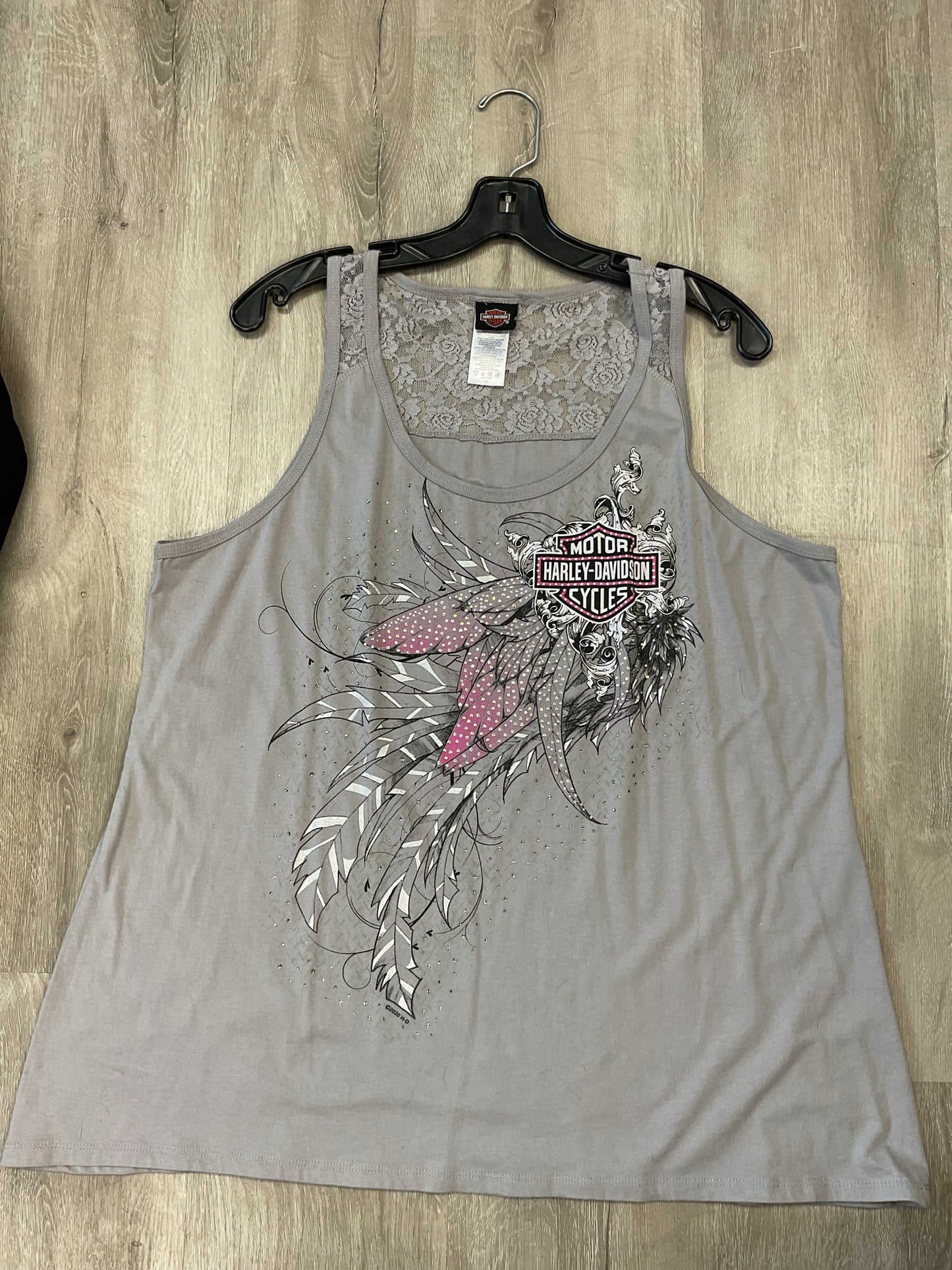 Harley Davidson Size 2X Gray Shirt rhinestone tank top pink feathers