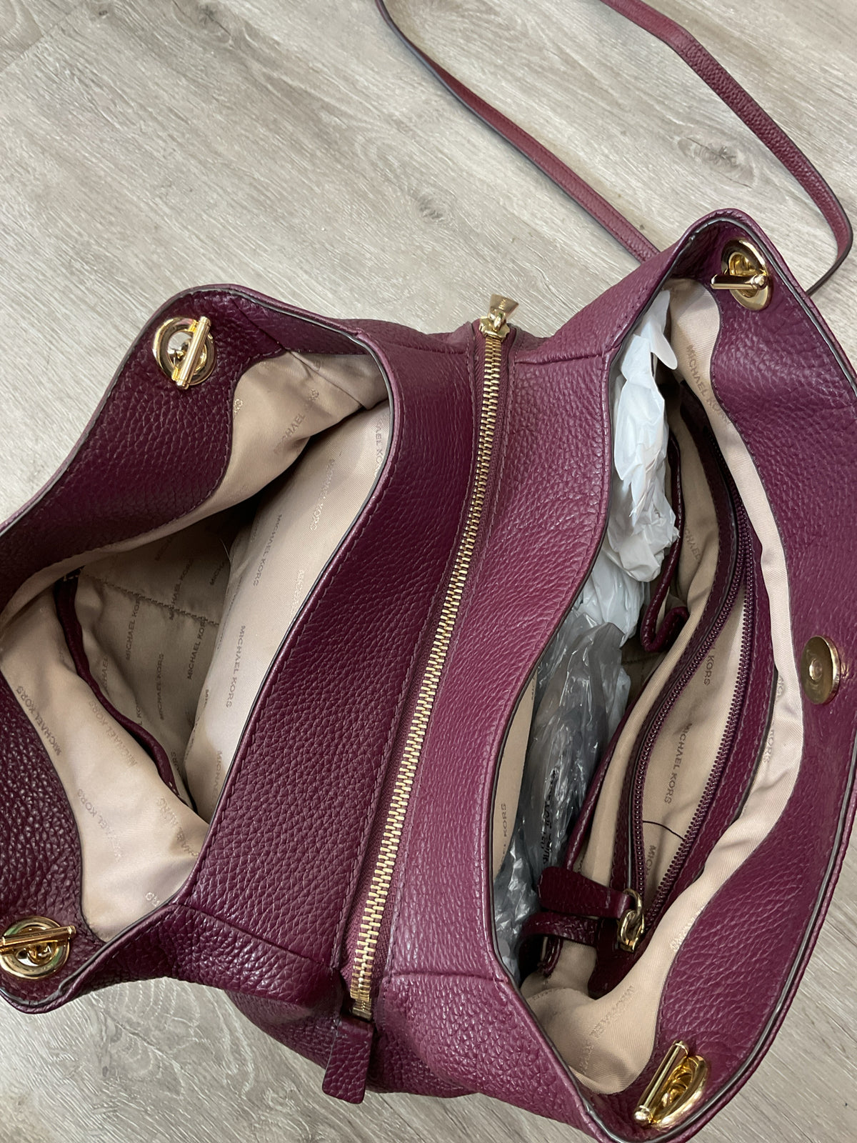 Michael Kors Purse plum purple 3 compartment gold chain shoulder bag & long stra