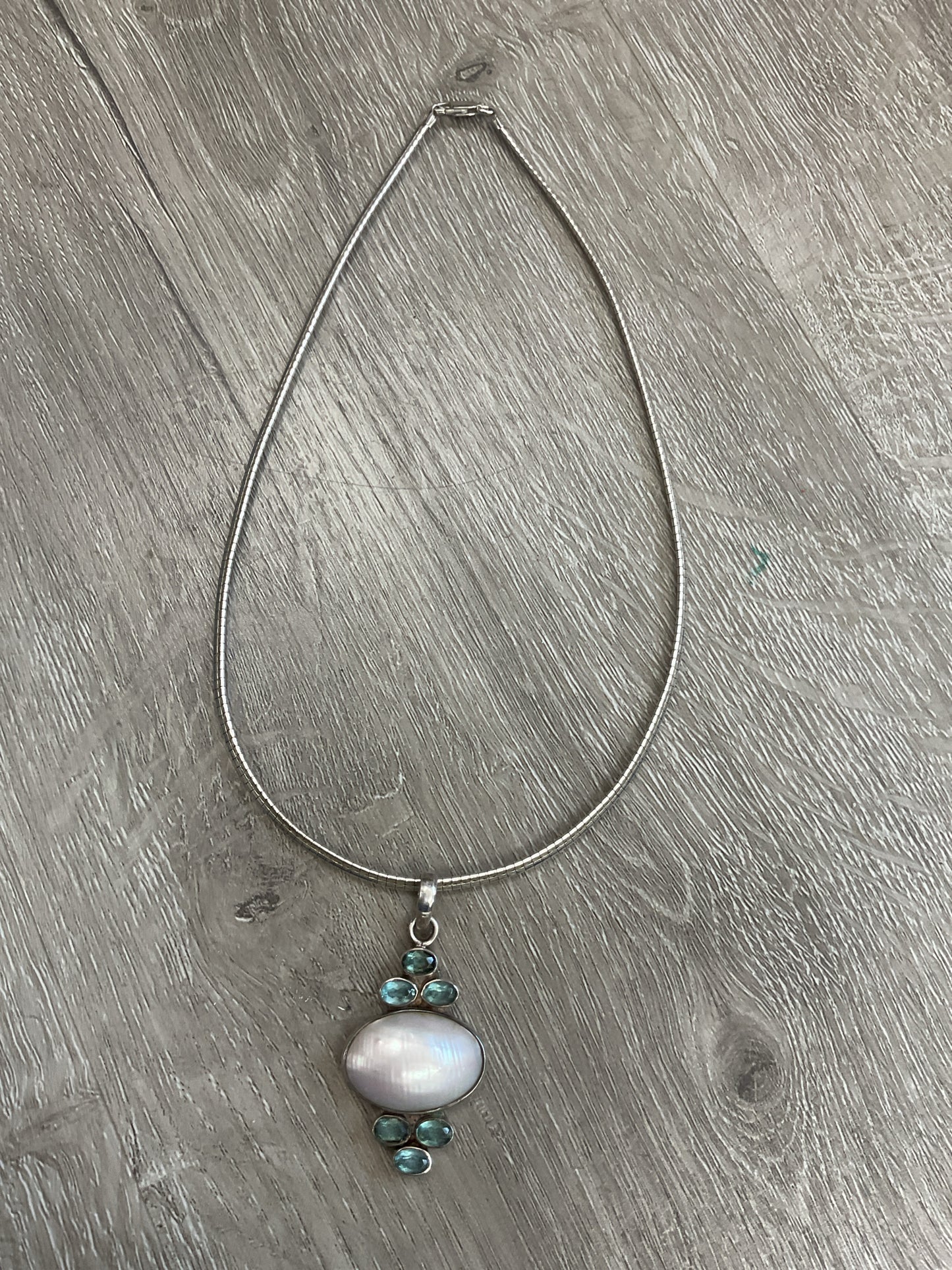 925 Sterling Necklace 16" omega with white shell and blue gems