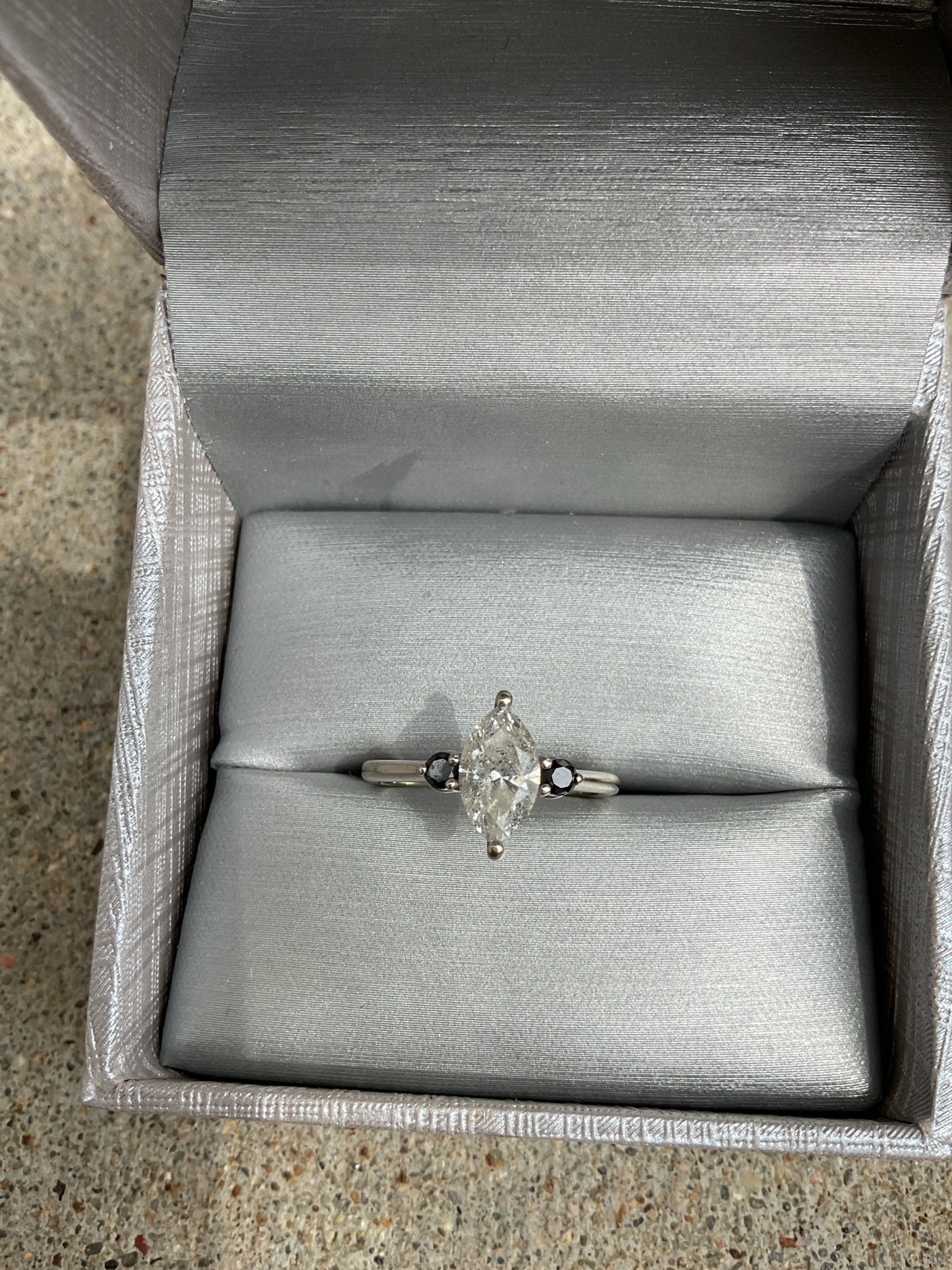 14K Ring white gold marquis 1ct large diamond solitaire with companion black gem