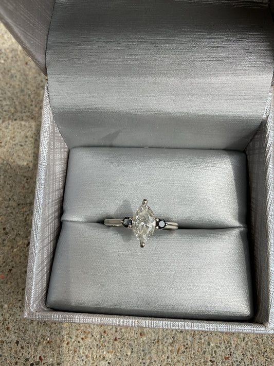 14K Ring white gold marquis 1ct large diamond solitaire with companion black gem