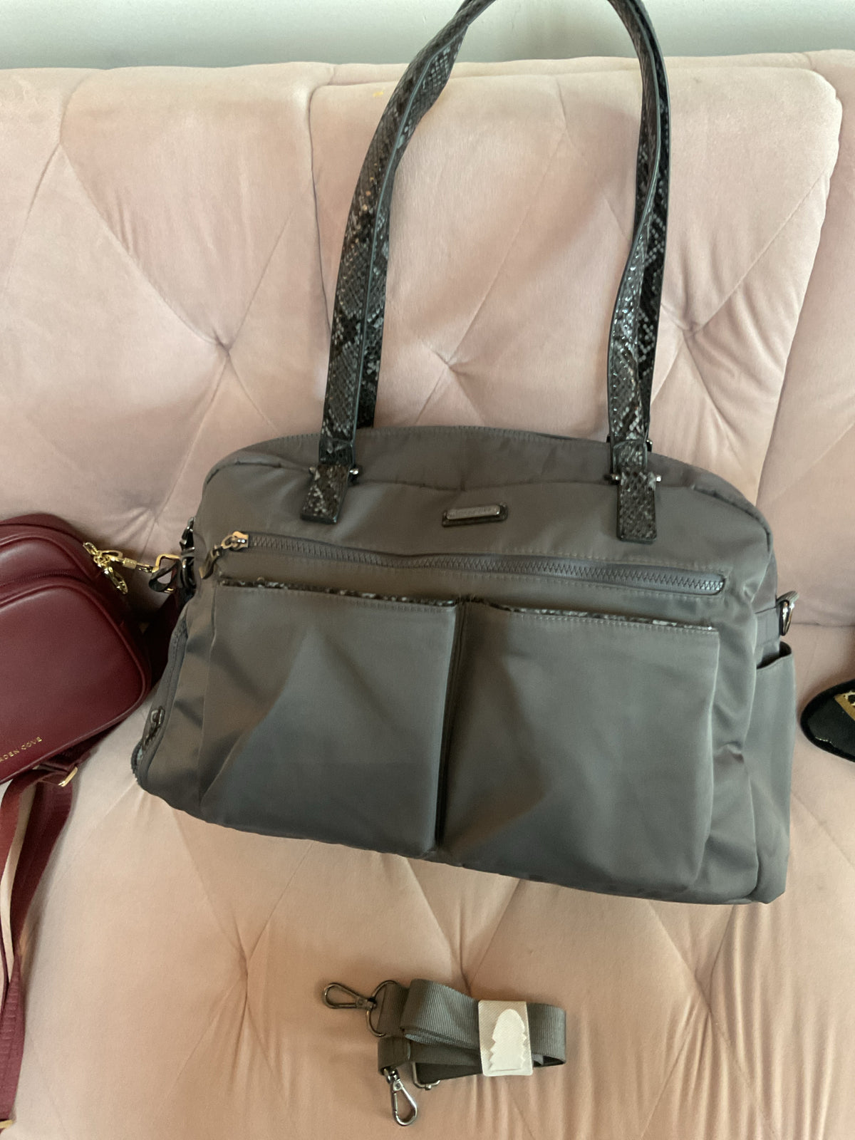 Baggallini Purse large duffel outside pockets python trim with long strap