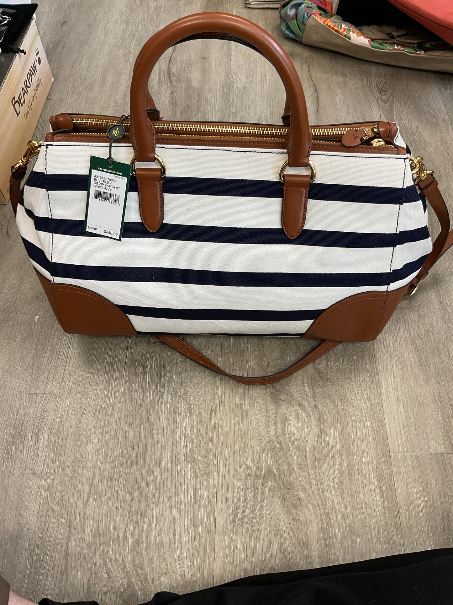Ralph Lauren Purse New Beverley Zim Satchel Navy & White Striped & Leather