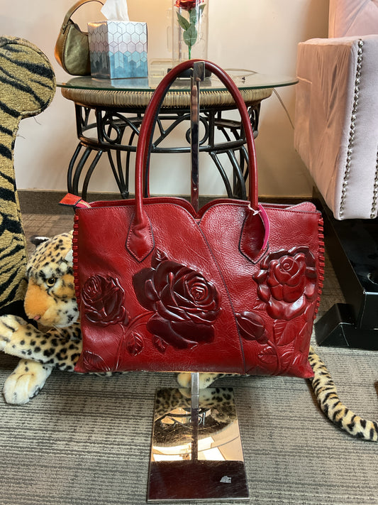 Pijushi Purse red  Leather Roses Embossed Tooled Satchel Tote Bag