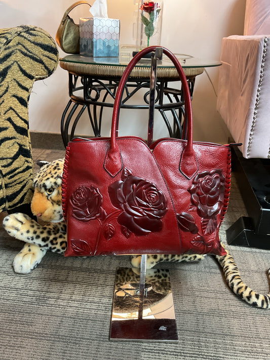 Pijushi Purse red  Leather Roses Embossed Tooled Satchel Tote Bag