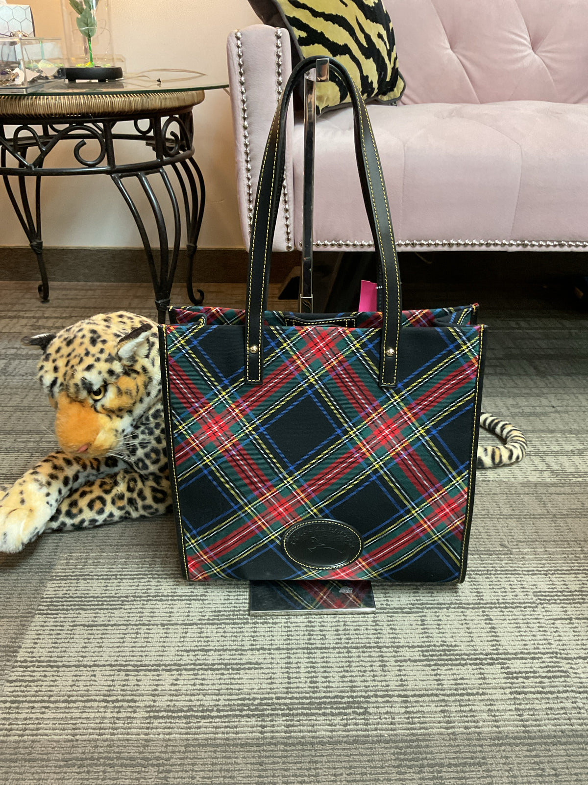 Dooney & Bourke Purse BLACK TARTAN PLAID LEATHER HANDLES MARKET TOTE