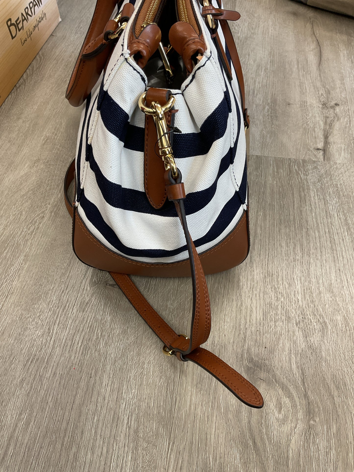 Ralph Lauren Purse New Beverley Zim Satchel Navy & White Striped & Leather