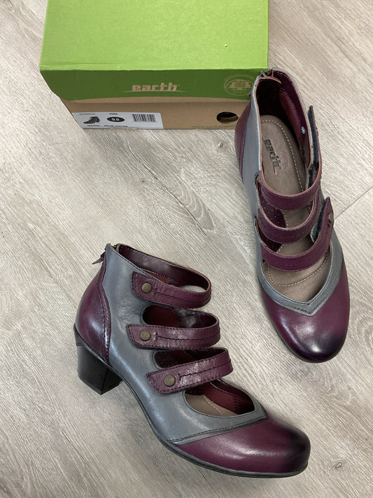 earth 9 Purple shoes triple velcro strap leather mid heel Serano