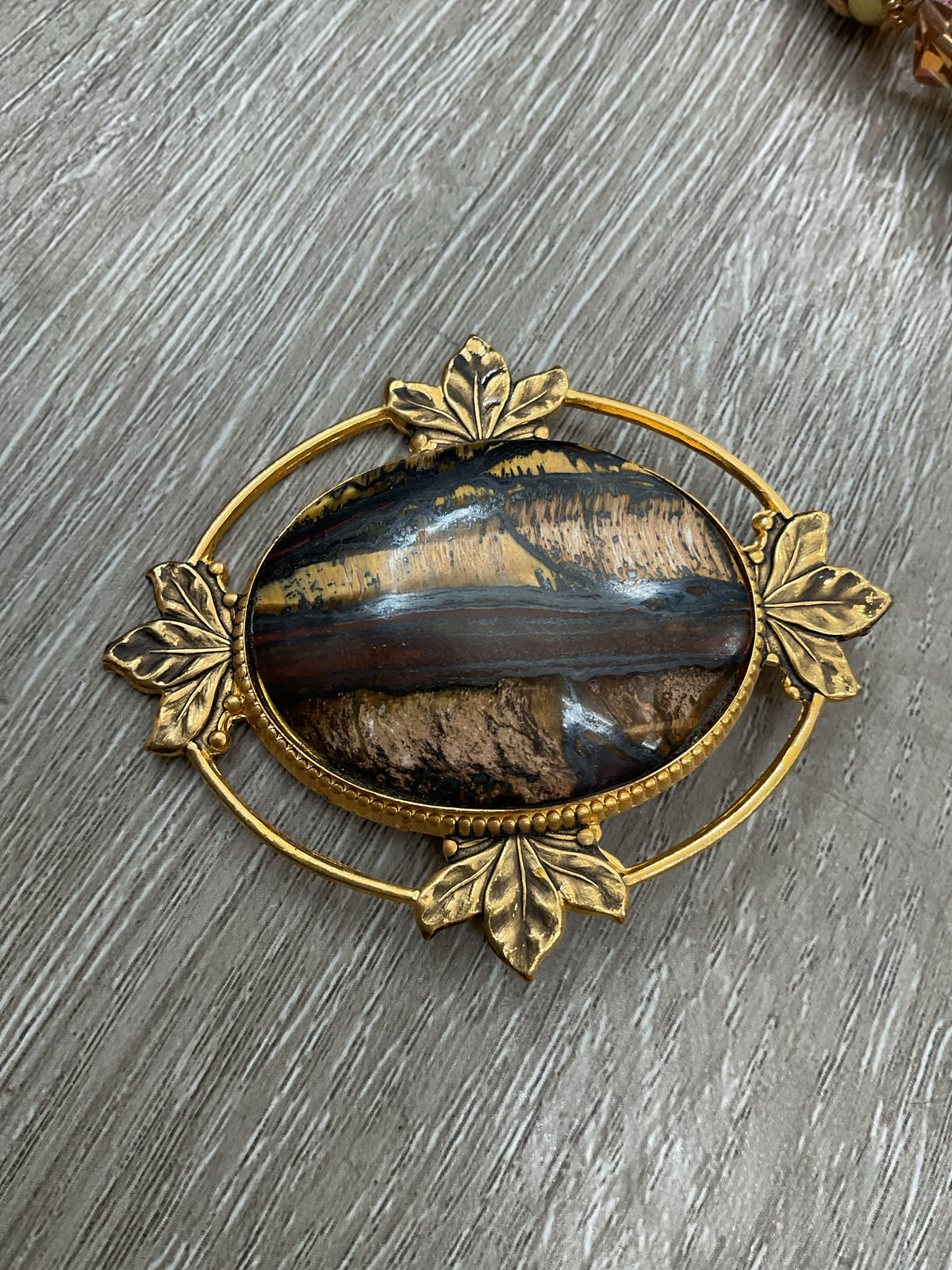 Vintage Brooch large oval gold with tree tiger eye
