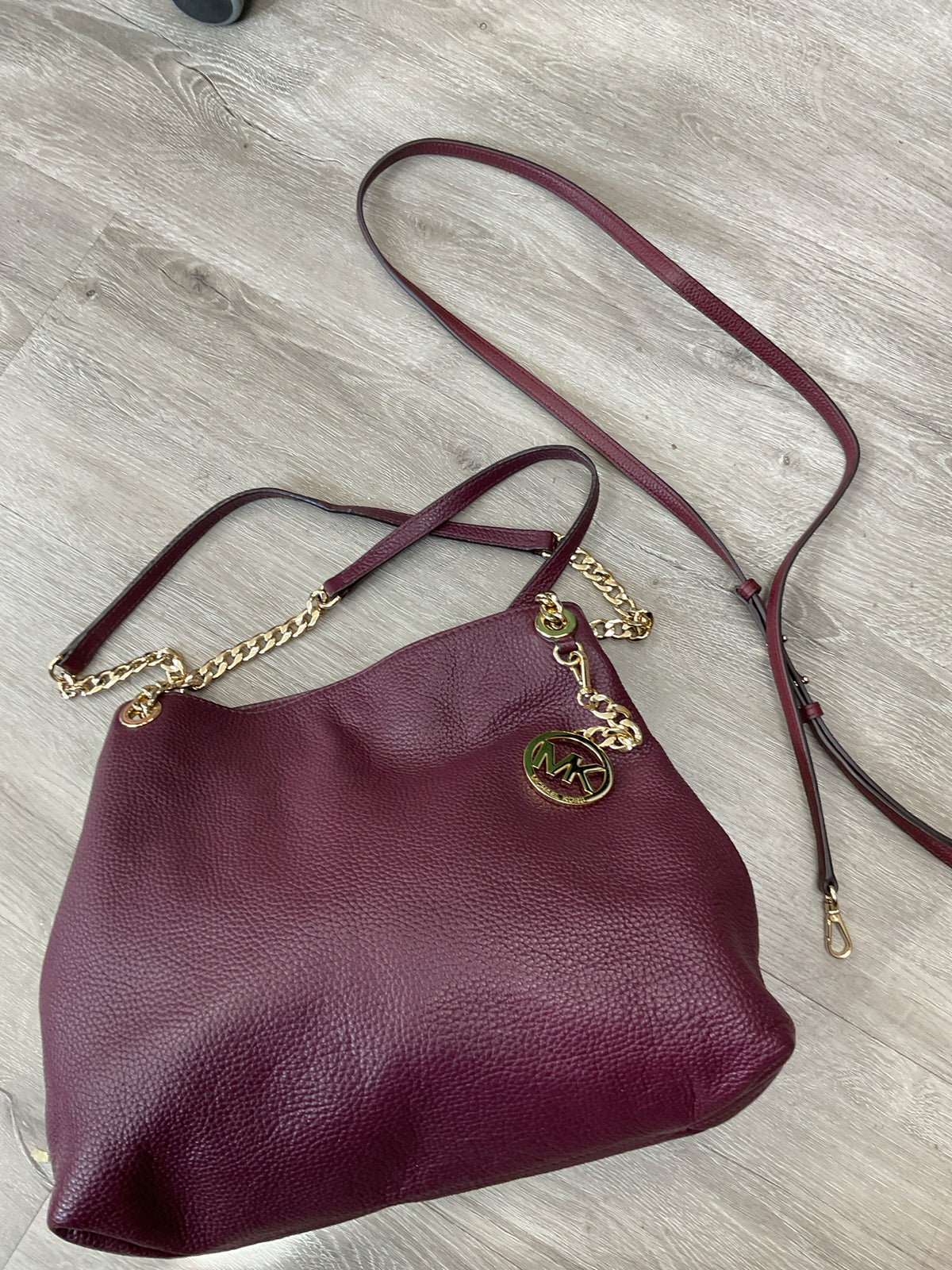 Michael Kors Purse plum purple 3 compartment gold chain shoulder bag & long stra