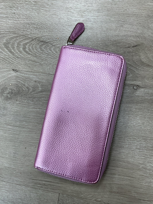 coach Wallet metallic pink full size zip around ink spot on back