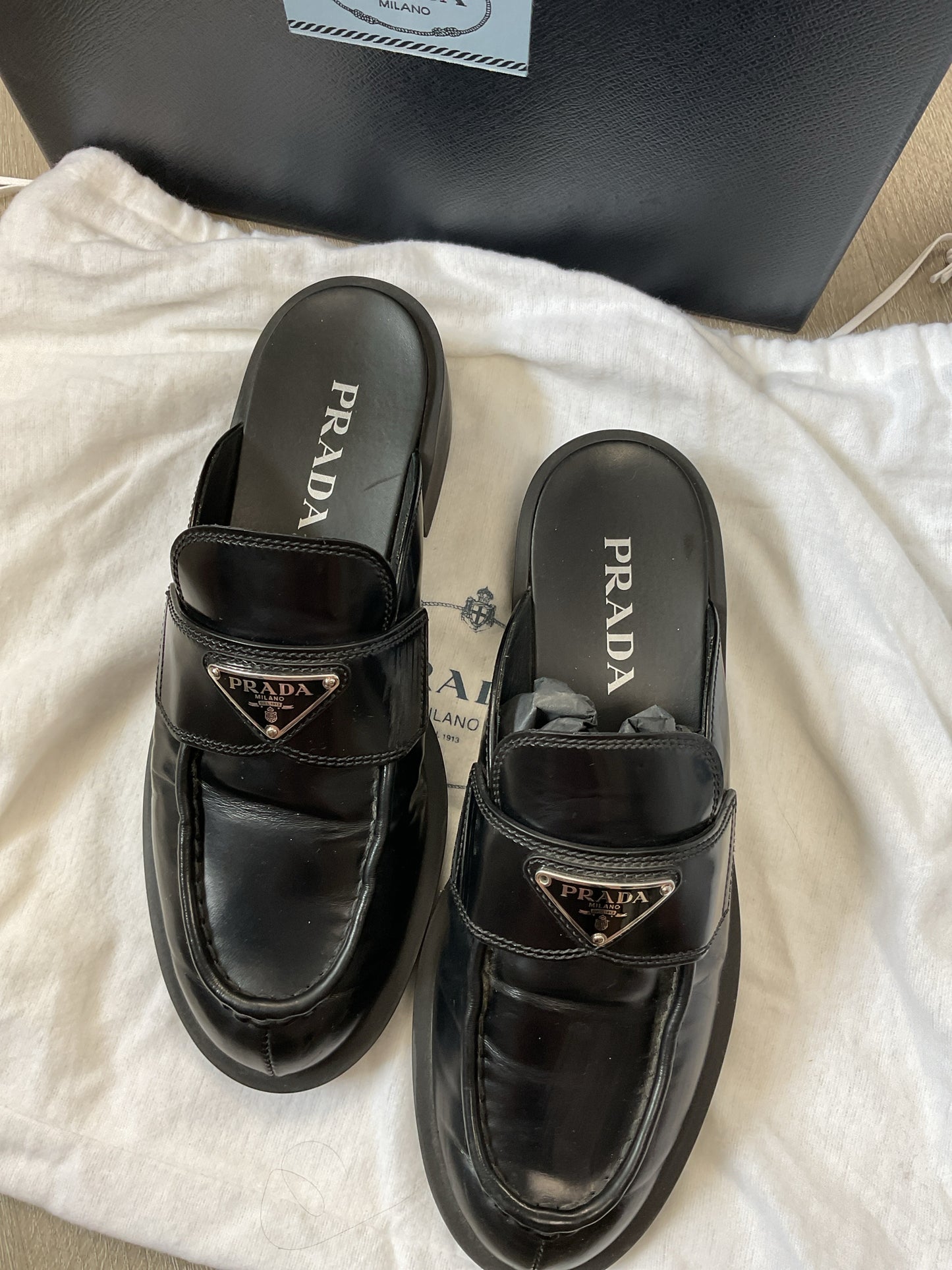 Prada 8 shoes 38.5 slide triangle mule black leather