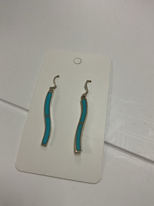 925 Sterling Earrings long dangle turquoise inlaid 2"