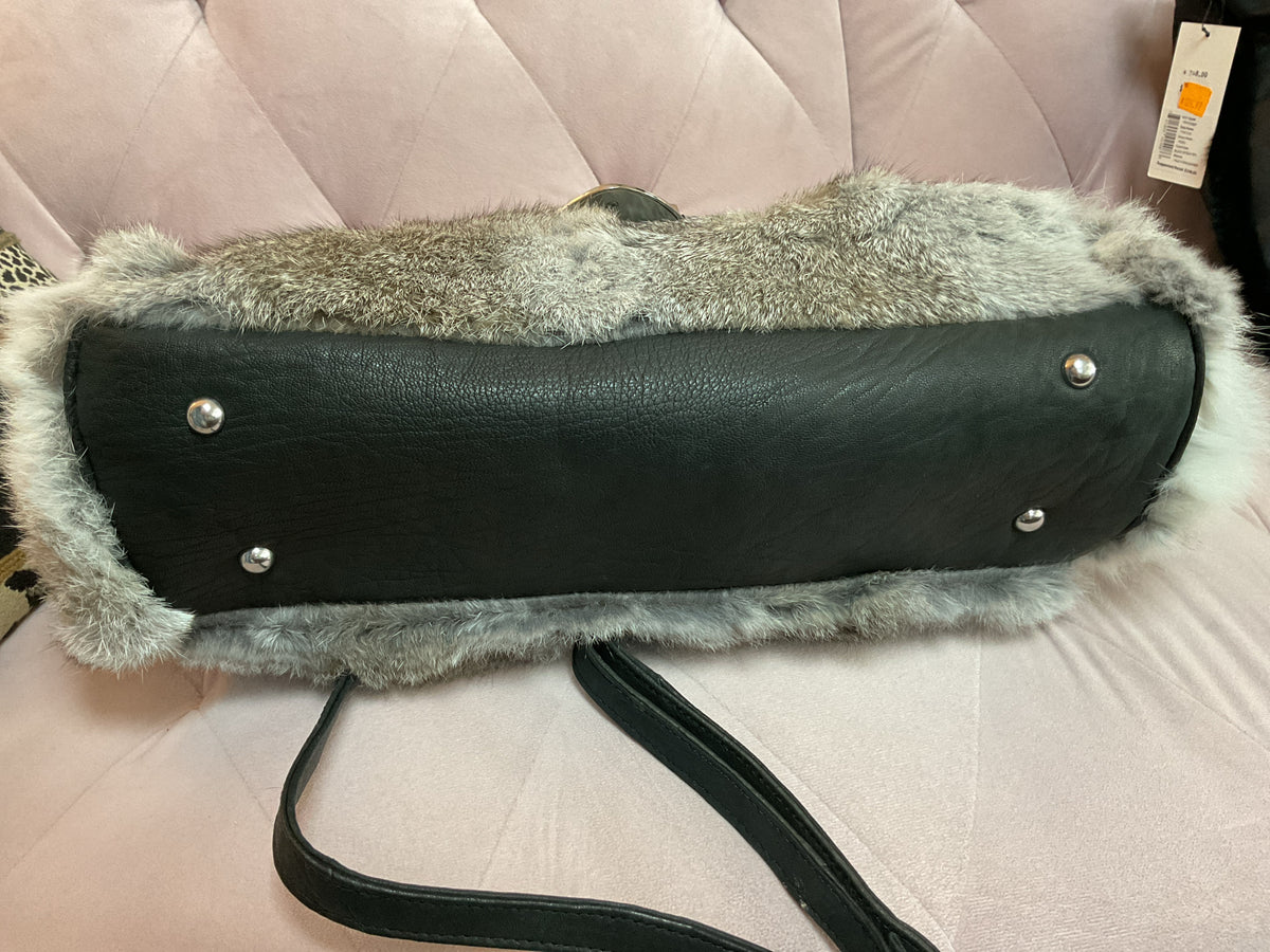 Diane Gale Purse Rabbit Fur Large flap leather satchel with crossbody strap NWOT