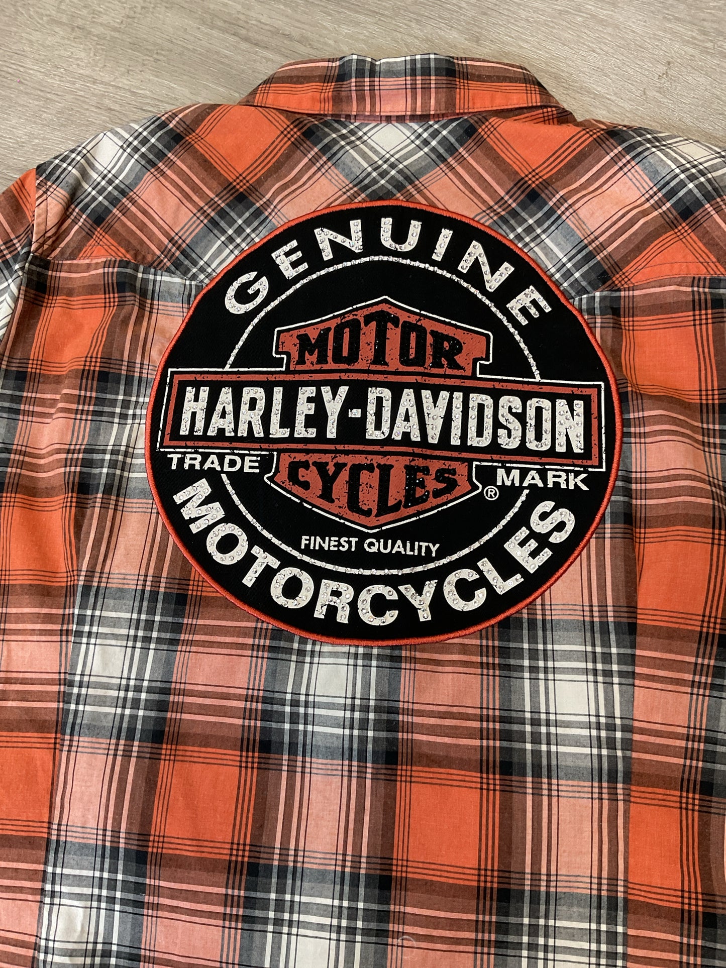 Harley Davidson Size 1W Orange Shirt plaid rhinestone snap front