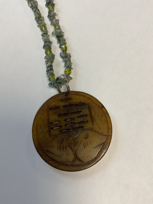 Necklace blue green stones with large round bird pendant