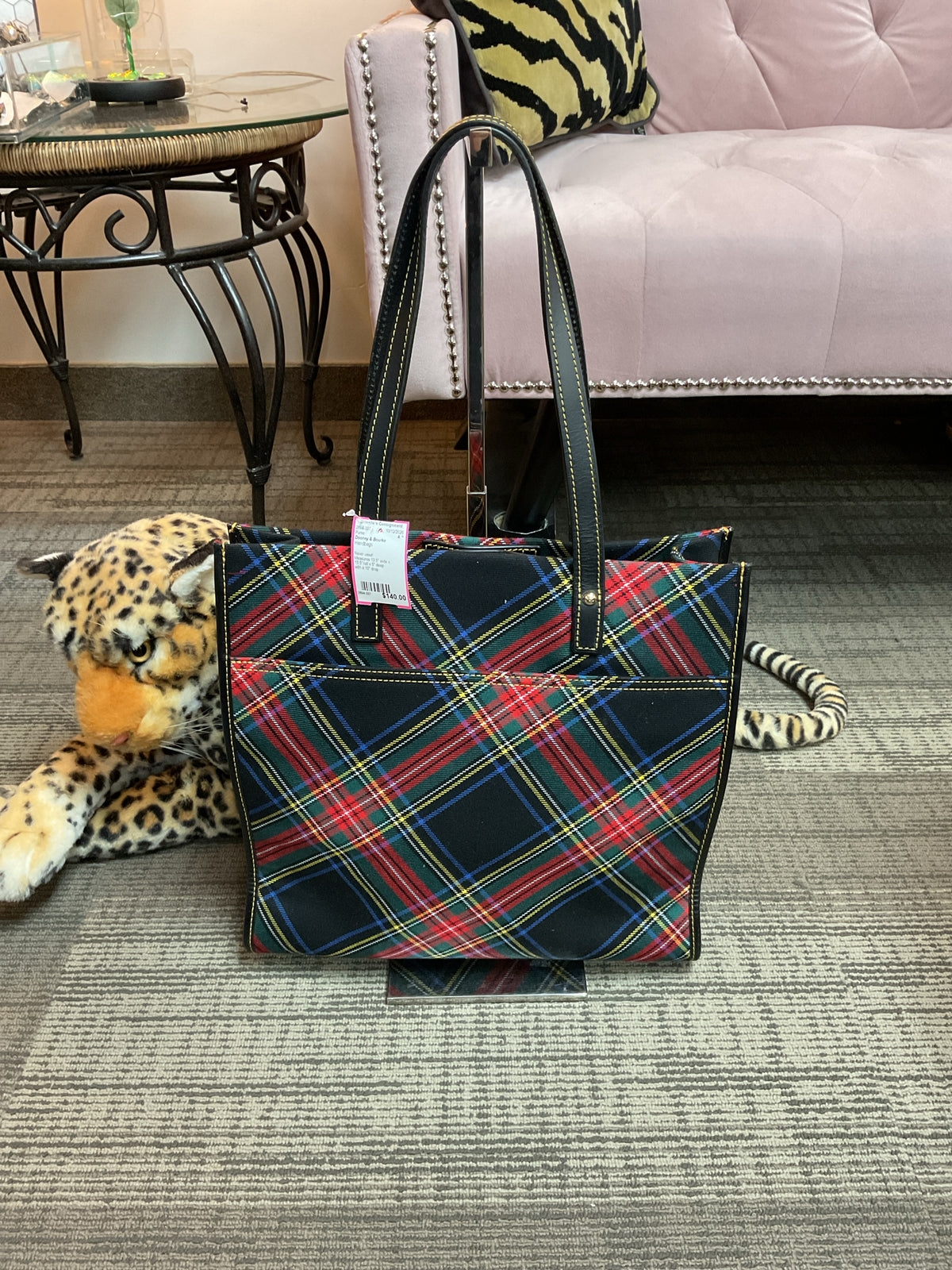 Dooney & Bourke Purse BLACK TARTAN PLAID LEATHER HANDLES MARKET TOTE